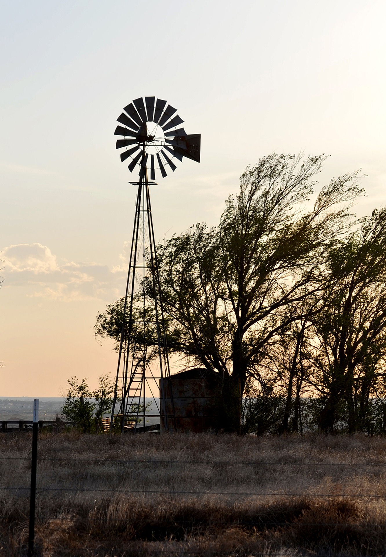 Rustic windmill with city in background.